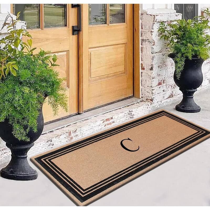 A1HC Natural Coir Monogrammed Flock Anti shed Treated Durable Doormat BlackBeige