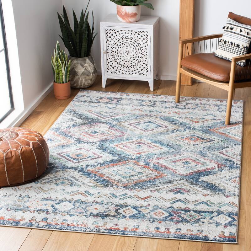 SAFAVIEH Phoenix Caldonia Moroccan Boho Distressed Rug - 4'5" x 6'5" - Blue/Ivory