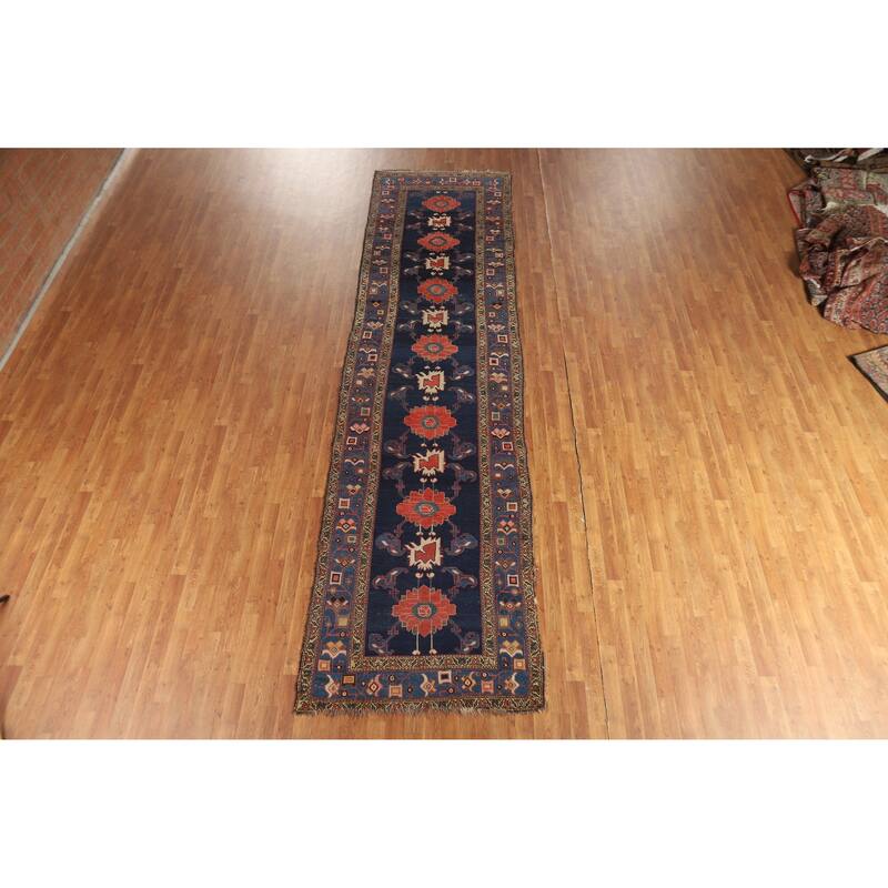 Hand Knotted Oriental 100% Wool Carpet Traditional Floral Navy Blue & Blues Heriz Runner Rug - 14' 9'' X 3' 9''