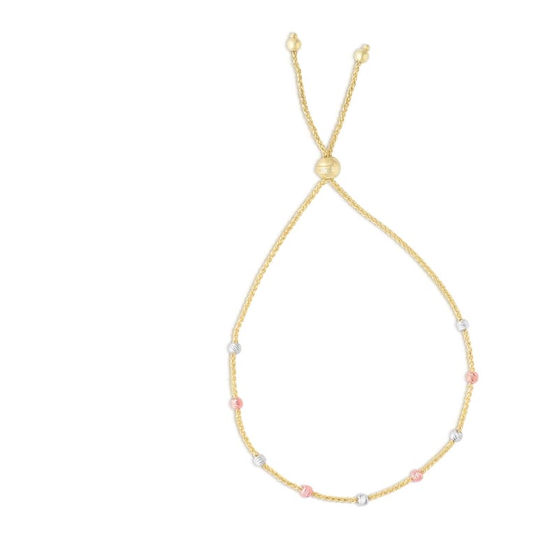 Curata 14K Yellow Gold 9.25" Stationed Beads Bolo Friendship Bracelet
