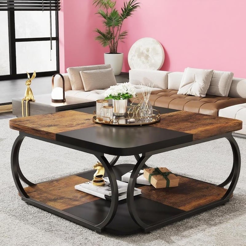 Rustic Brown and Black Square Coffee Table with Two-Tier Storage and Metal Frame for Living Room - 39.25”L x 39.25”L x 19.75”H