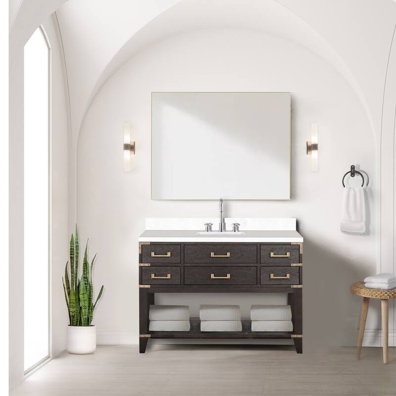 Norwalk 48 in W x 22 in D Black Oak Single Bath Vanity, White Quartz Top, and 46 in Mirror