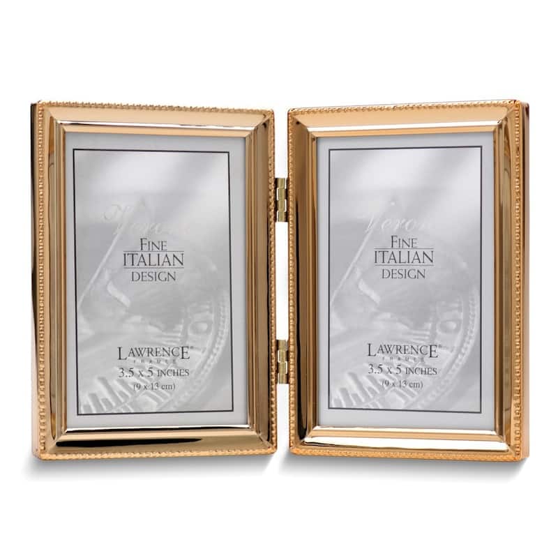 Curata Gold-Tone Portrait Hinged Polished Beaded 3x5 Double Photo Frame