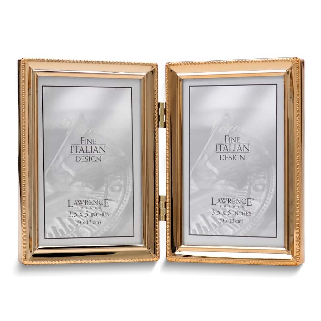Curata Gold-Tone Portrait Hinged Polished Beaded 3x5 Double Photo Frame