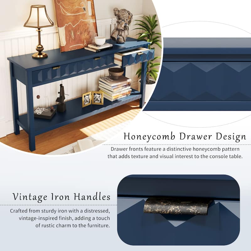 Modern 60" Console Table with 3 Drawers Honeycomb Design for Study Entryway Hallway