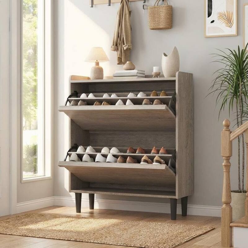 Narrow Shoe Cabinet Organizer with 2 Flip Drawers for Entryway, Hallway, Living Room - Grey