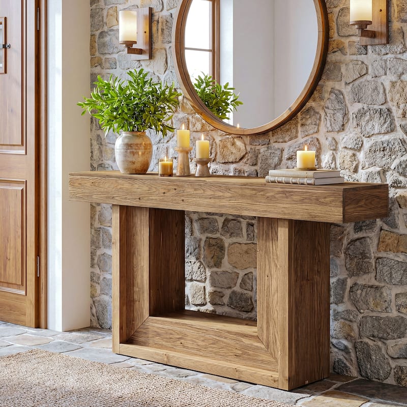 63-Inch Solid Wood Console Table, U-Shaped Farmhouse Entryway Table