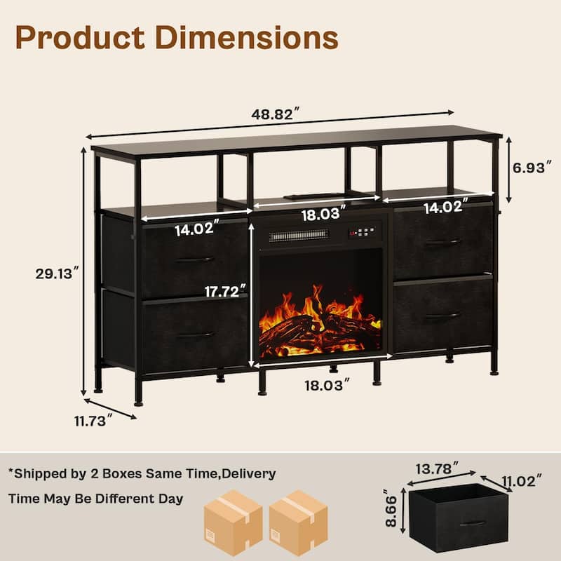 BOSSIN Fireplace TV Stand & Entertainment Center with LED Lights, 4 PU Leather Drawers, Open Shelves, and Built-in Power Outlets