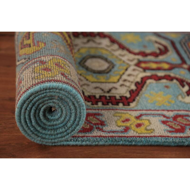Light Blue Geometric Kazak Indian Runner Rug Handmade Wool Carpet - 2'6"x 9'11"