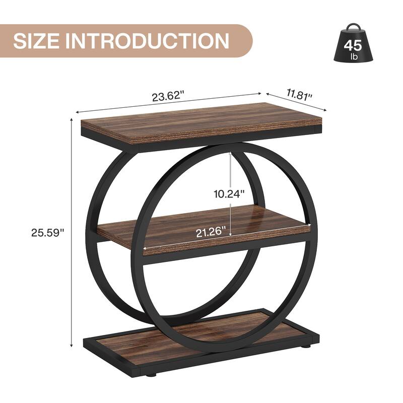 Industrial Narrow End Table with 3 Shelves - 23.6" Slim Side Table for Small Spaces, Dark Brown Wood & Black Metal Frame
