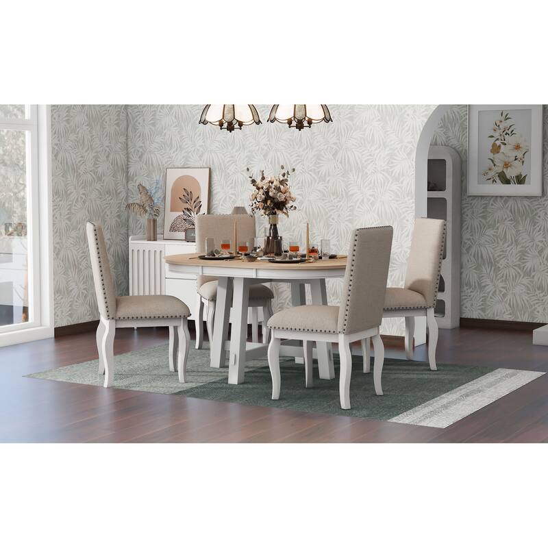 5-Piece Farmhouse Dining Table Set Wood Round Extendable Dining Table and 4 Upholstered Dining Chairs