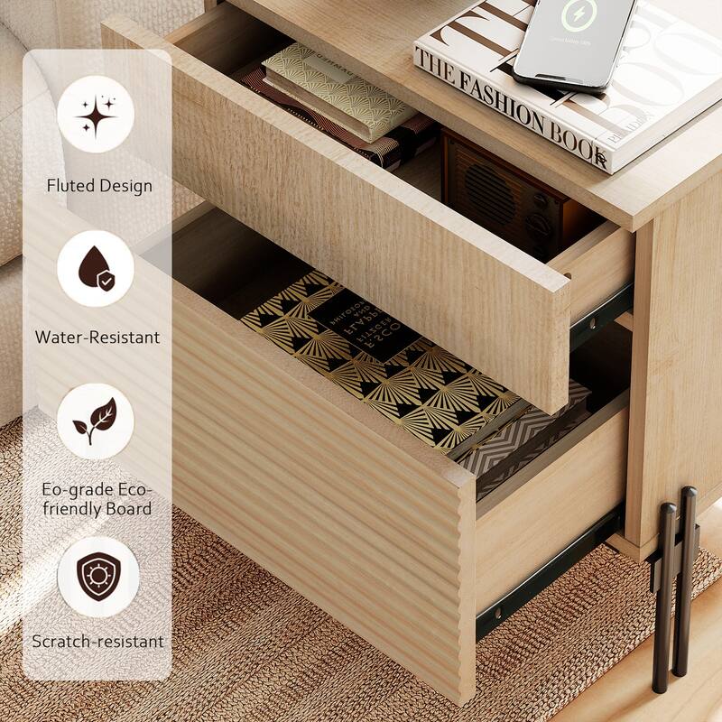 WAMPAT 3-Piece Modern Bedroom Set, 47" Fluted Dresser with 6 Drawers & 2 Nightstands with Charging Station, Oak