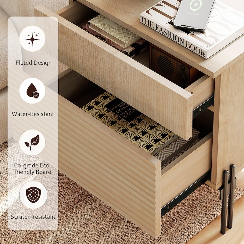 WAMPAT Fluted Nightstand with Charging Station,Modern Side Table with 2 Drawers