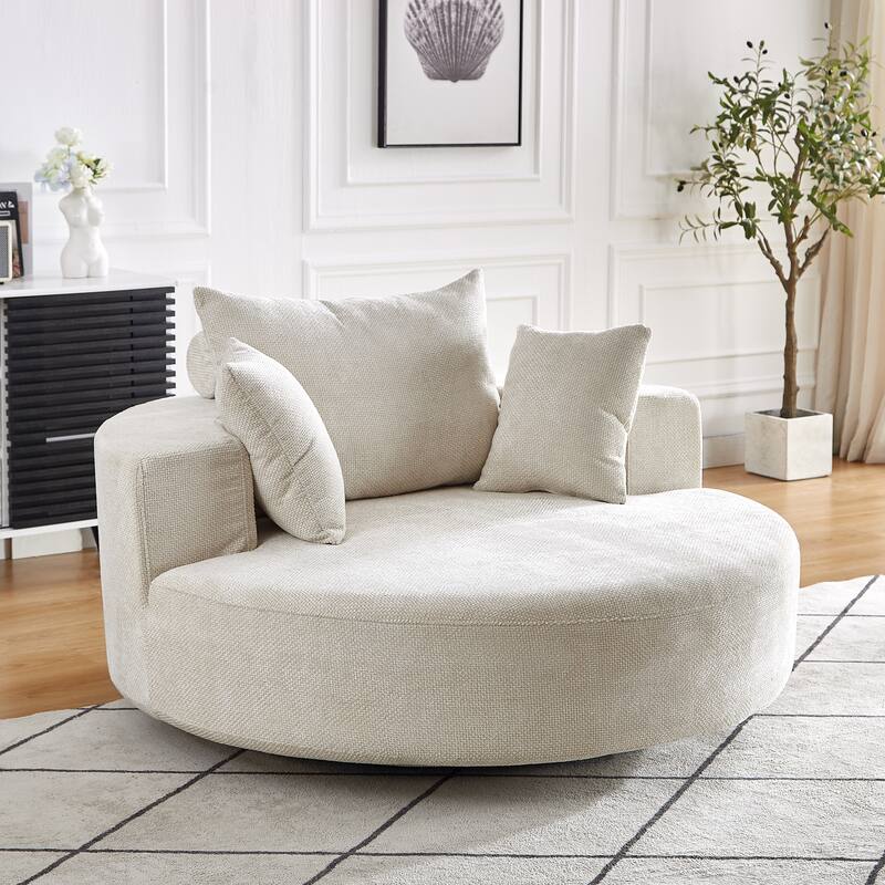 360 Degree Swivel Sofa Chair with Backrest Pillow for Livingroom 55'' Chenille Single Sofa, Round Fluffy Sleeper Sofa