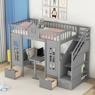 Stairway Bunk Bed w/Changeable Table, Turn into Upper Bed & Down Desk