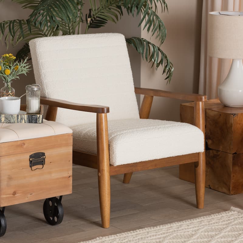 Stratton Mid-Century Modern Cream Boucle Fabric and Walnut Brown Finished Wood Armchair