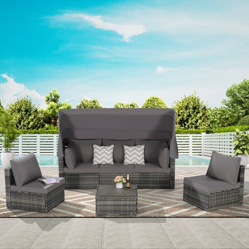 3-seat Sofa with Retractable Canopy, 2 Single Armless Chairs and Side Table - 5 Pieces Furniture Set Convertible Modular Daybed - Dark Gray