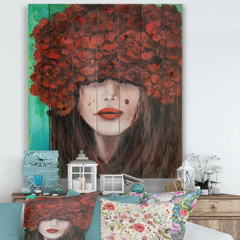 Designart 'Portrait Of A Young Woman With Red Flowers' Modern Print on