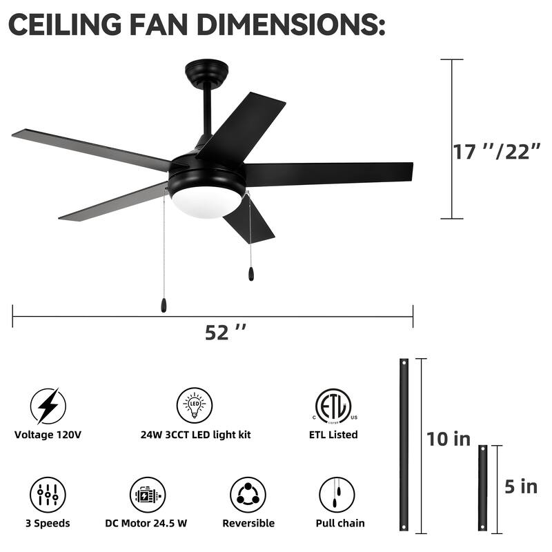 Matte Black/Brushed Nickel 52 in. Integrated LED Indoor 5-Blade Ceiling Fan with Pull Chain