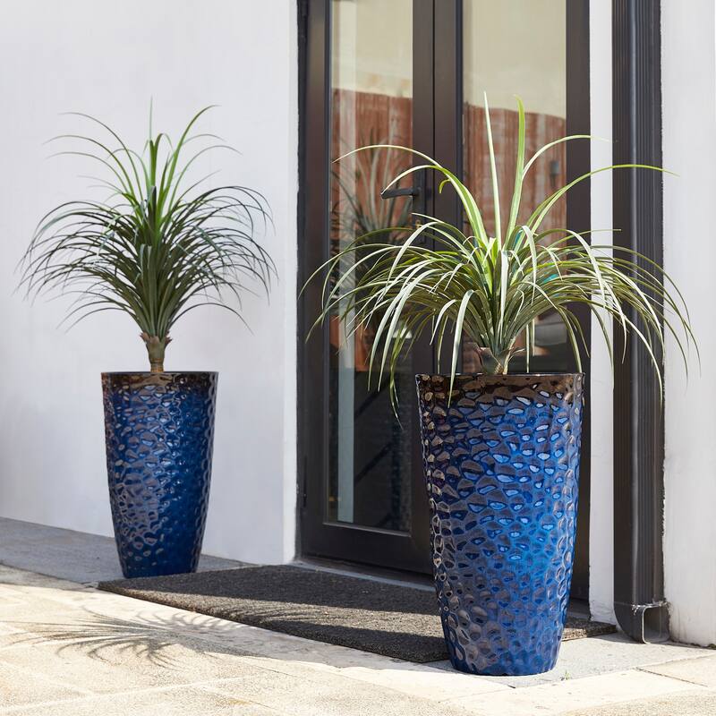 Glitzhome Set of 2 Oversized Tall Planter Honeycomb Textured Gradient Cobalt Blue Garden Plant Pots with Drainage Holes