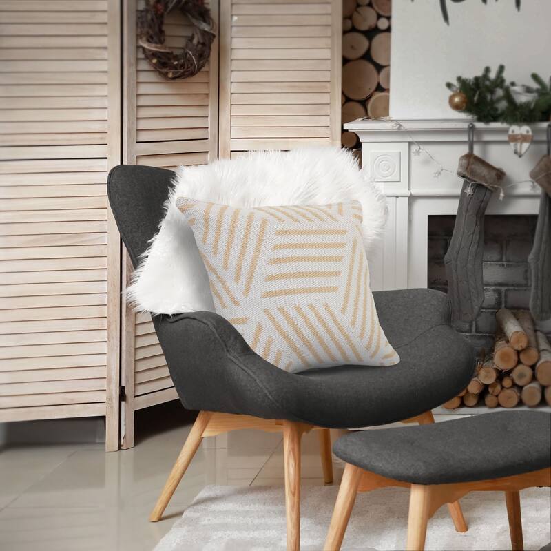 20" Tan and White Geometric Striped Square Throw Pillow
