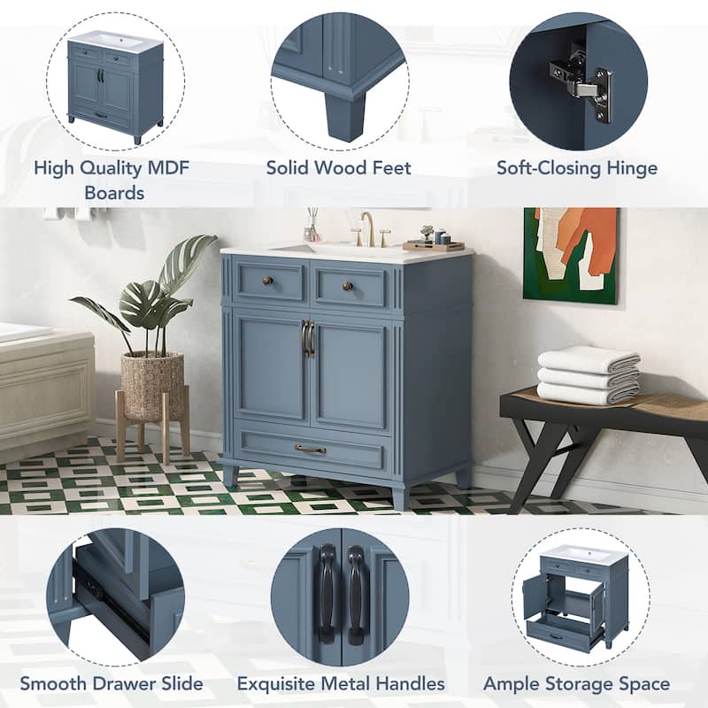 Roomfitters 30" Bathroom Vanity with Ceramic Sink, Solid Wood Cabinet, Soft Closing Doors, Retro Style, Blue