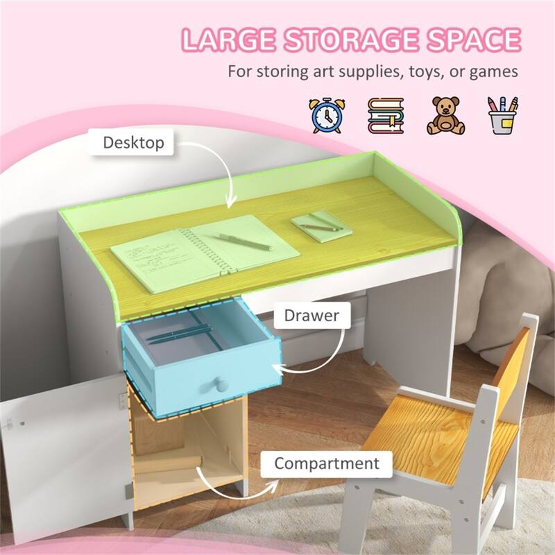 Kids Desk and Chair Set with Storage Drawer MDF White for Ages 3 to 6 Study and Art Activities - 31.5" L x 15.25" W x 23.25" H