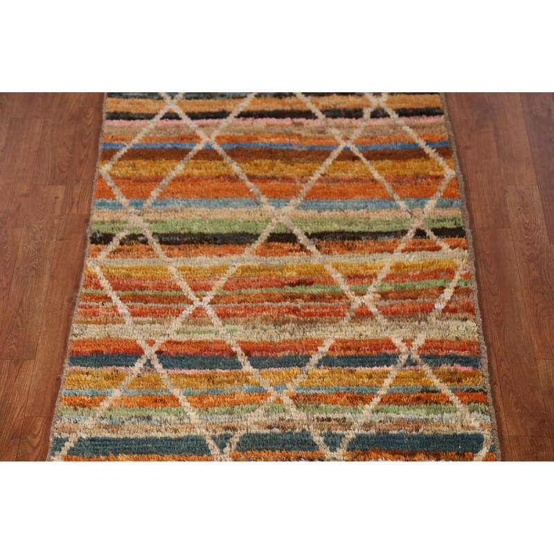 Striped Moroccan Oriental Runner Rug Handmade Wool Carpet - 3'0" x 10'2"