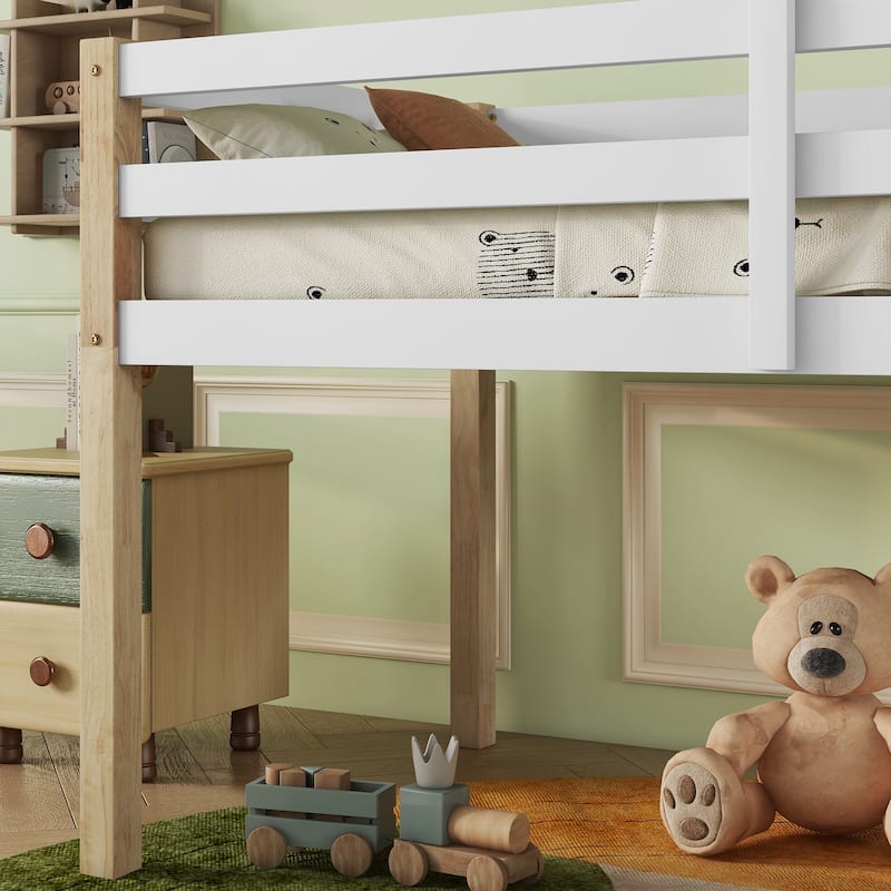 Natural White Twin Loft Bed with Ladder, Strengthened Slats, Ample Underbed Storage