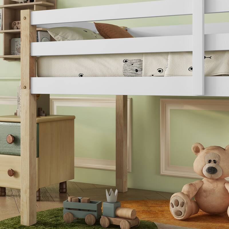 Twin Loft Bed in Natural-white with Rubber Wood Frame, Ladder, and Strengthened Slats for Maximum Support