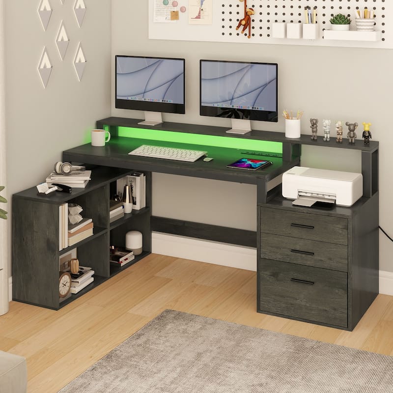 Moasis 65" Computer Desk with Filing Cabinet and Storage Shelves, LED Lighting Corner Home Office Desk - Grey