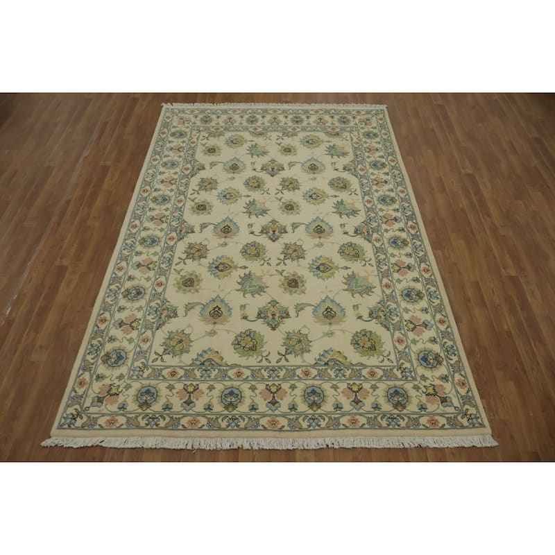 Hand Knotted Oriental Wool & Silk Carpet Traditional All-Over Beige & Ivories Tabriz Area Rug - 9' 5'' X 6' 3''