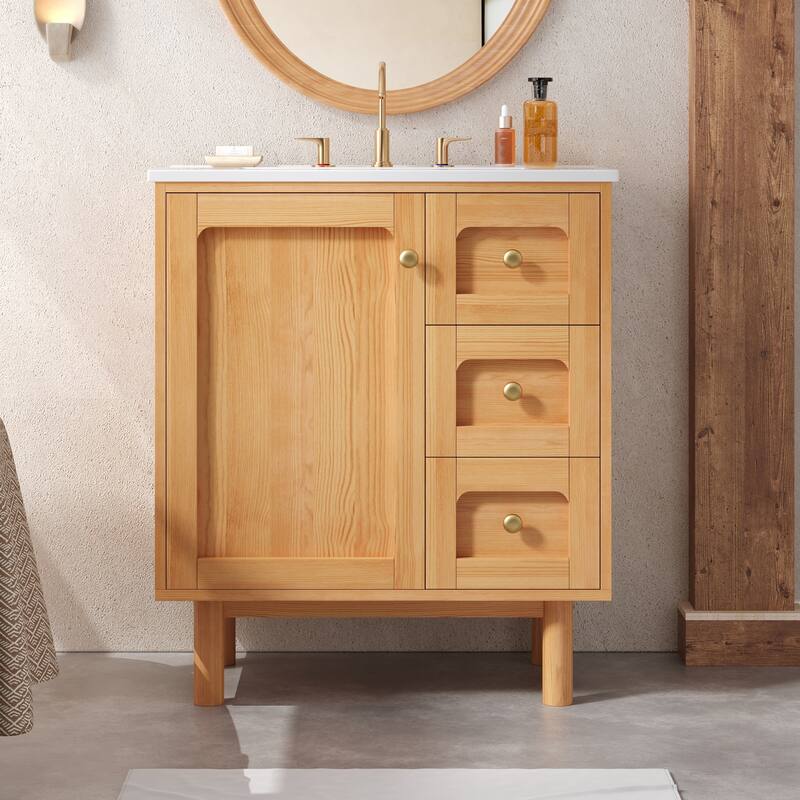 30 Inch Bathroom Vanity with Ceramic Sink, Bathroom Vanity with 3 Drawers,1 large Soft Closing Door, Bathroom Storage Cabinet
