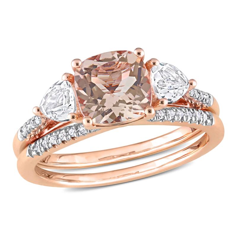 Miadora 10k Rose Gold Morganite White Topaz & 1/10ct TDW Diamond 3-Stone Bridal Ring Set
