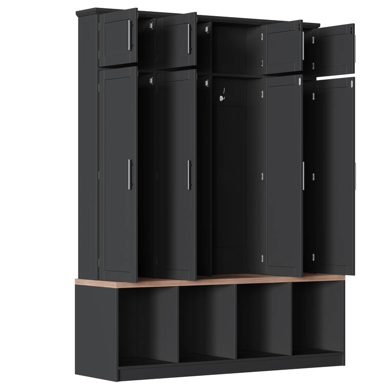 Farmhouse Hall Tree with 4 Hidden Hanging Hooks, Versatile Walnut Seating Bench with 8 Doors, Entryway Shoe Cabinet