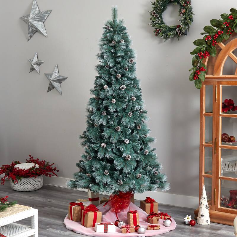 8ft. Frosted Tip Pine Artificial Christmas Tree with 500 Clear Lights, Pine Cones & 1112 Branches - Snow-Kissed X-Mas Tree
