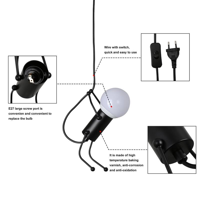 Modern Industrial Decorative Black Ant Design Pendant Light Adjustable Plug in Cord Ceiling Retro Wall Sconce for Kids Bedroom