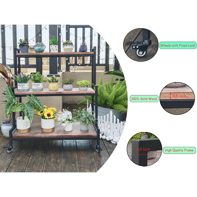 Rustic Plant Stand with Wheels, Rolling Plant Shelves Rack, Metal Plant Stand for Multiple Plants, Industrial Ladder Plant Shelf