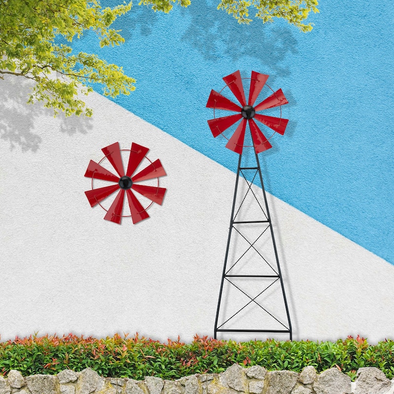 Glitzhome 44"H Glossy Painted Metal Yellow//Blue/Orange/Red Flower Wind Spinner Yard Stake