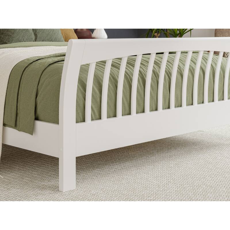 Solid Wood Low Profile Bed - White Platform Bed with Footboard & Sleigh Headboard - Mattress Support