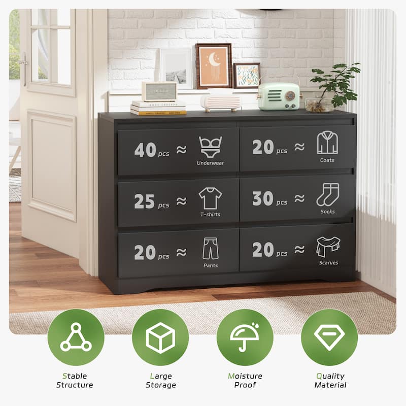 47.2'' W 6-Drawer Wooden Bedroom Double Dresser Chest of Drawers