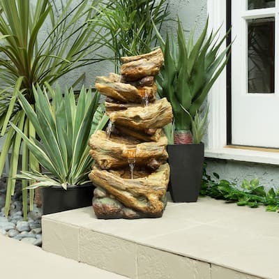 Alpine Corporation 24" Outdoor 4-Tier Log Fountain with LED Lights, Cascading Tree Trunk Feature for Garden, Rustic, Brown