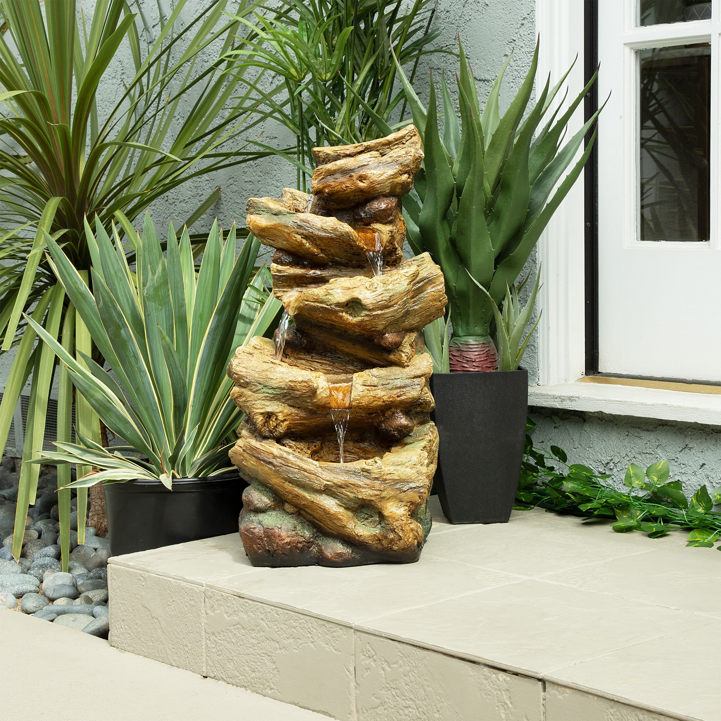 Alpine Corporation 24" Outdoor 4-Tier Log Fountain with LED Lights, Cascading Tree Trunk Feature for Garden, Rustic, Brown