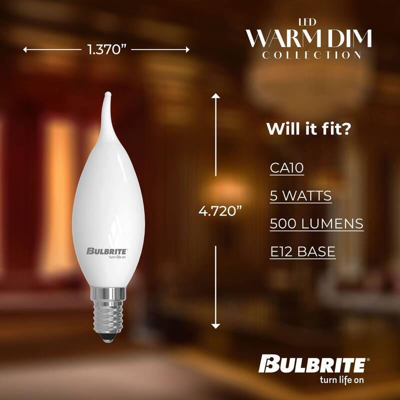 Bulbrite 5 Watt LED CA10 Light Bulbs, Warm Dimming 3000K (Soft White) - 1800K (Candlelight), 500 Lumens, (4 Pack) - Pack of 4