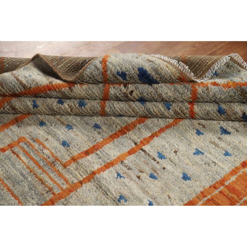 Moroccan Oriental Area Rug Hand-Knotted Grey Wool Carpet - 6'8" x 9'10"