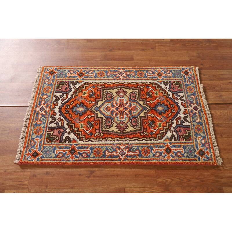 Geometric Orange Heriz Serapi Indian Rug Hand-Knotted Wool Carpet - 2'0"x 3'0"