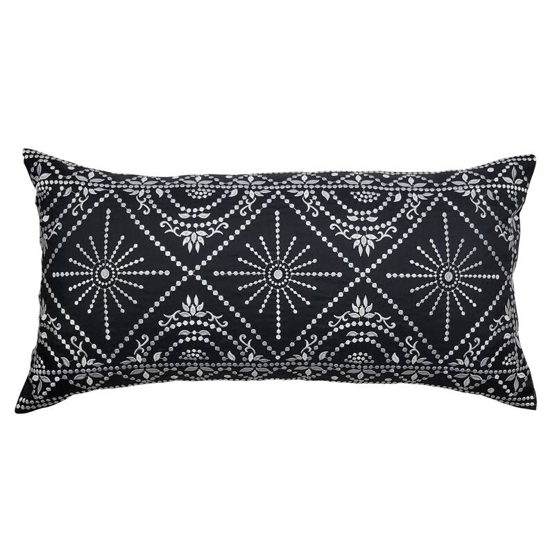 Edie At Home Indoor/Outdoor Embroidered Tile Oblong Decorative Throw Pillow 15x30, Black/White