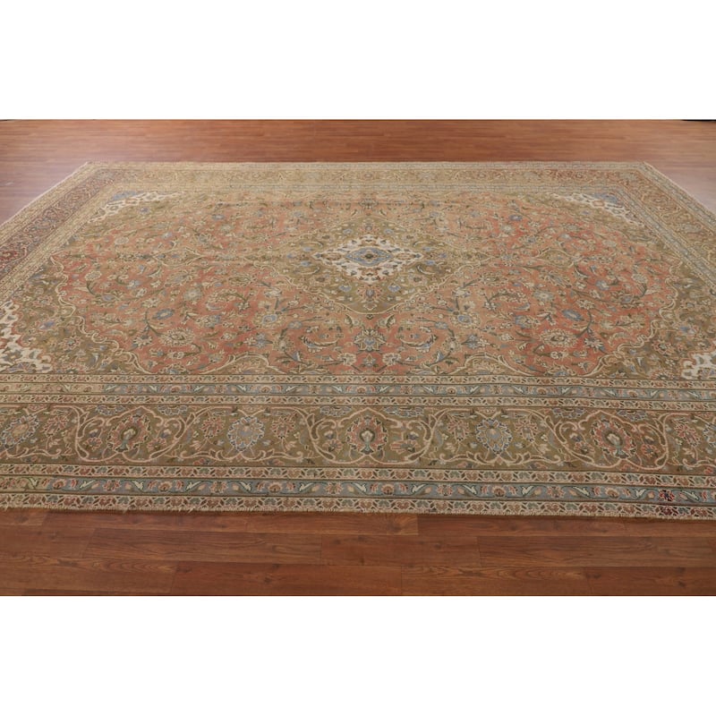 Traditional Mashad Persian Vintage Area Rug Hand-Knotted Wool Carpet - 9'7" x 13'5"