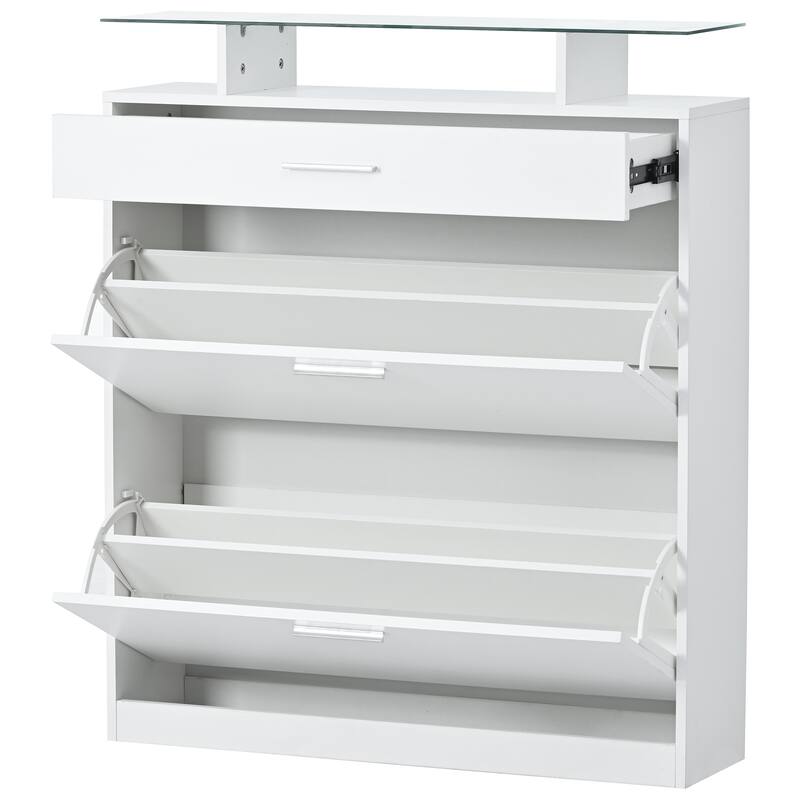 Contemporary Shoe Rack Storage Cabinet with Adjustable Shelves, Tempered Glass Top and LED Lighting, for Hallway Organize