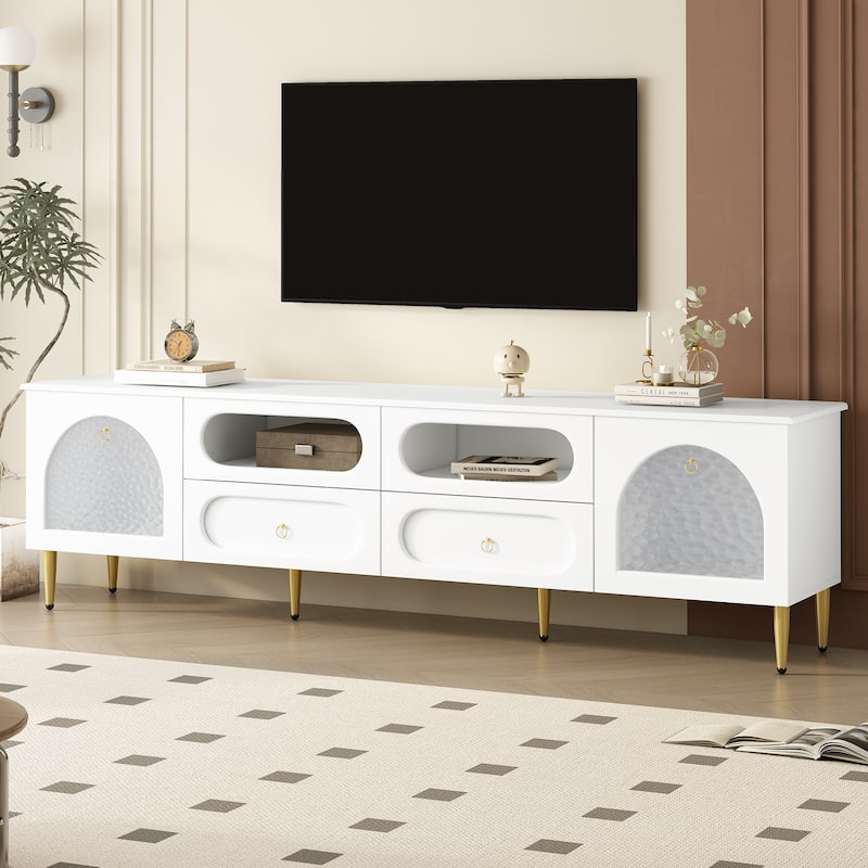 Arched Glass Doors TV Cabinet with Drawers & Wire Hole, Living Room TV Stand Media Console Cabinet for Up to 85" TVs